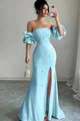 Strapless Bubble Sleeves Long Split Formal Dress With Beading
