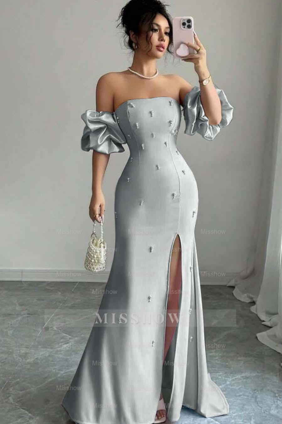 Strapless Bubble Sleeves Long Split Formal Dress With Beading