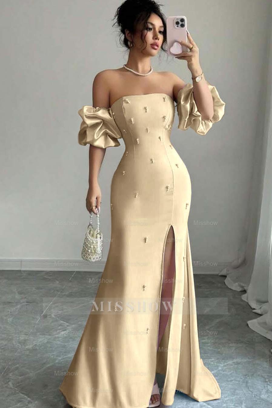 Strapless Bubble Sleeves Long Split Formal Dress With Beading