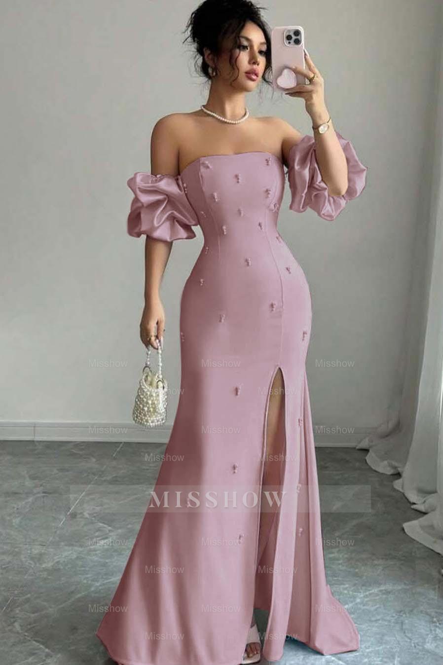 Strapless Bubble Sleeves Long Split Formal Dress With Beading
