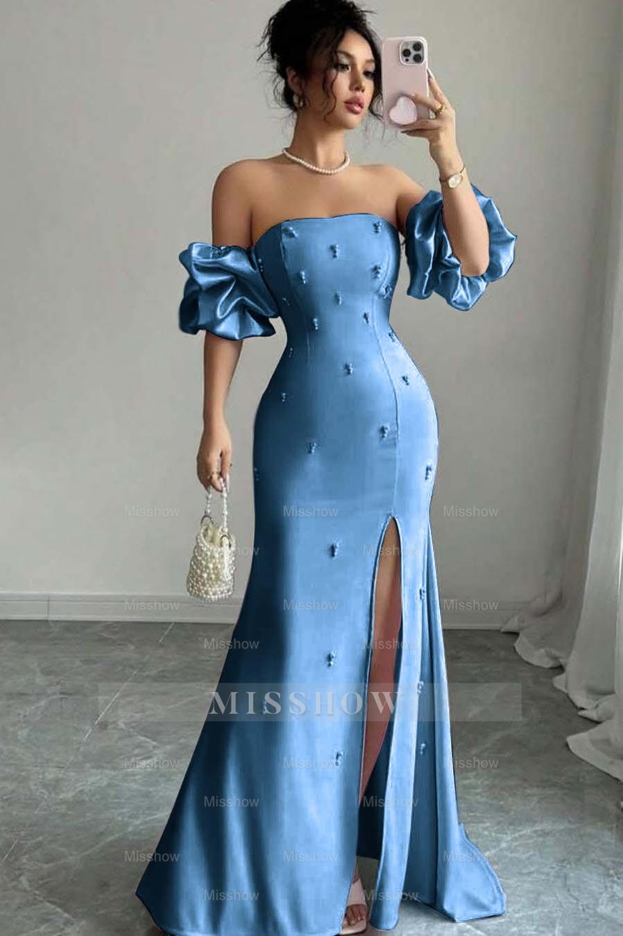 Strapless Bubble Sleeves Long Split Formal Dress With Beading