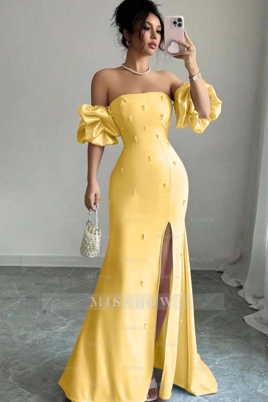 Strapless Bubble Sleeves Long Split Formal Dress With Beading