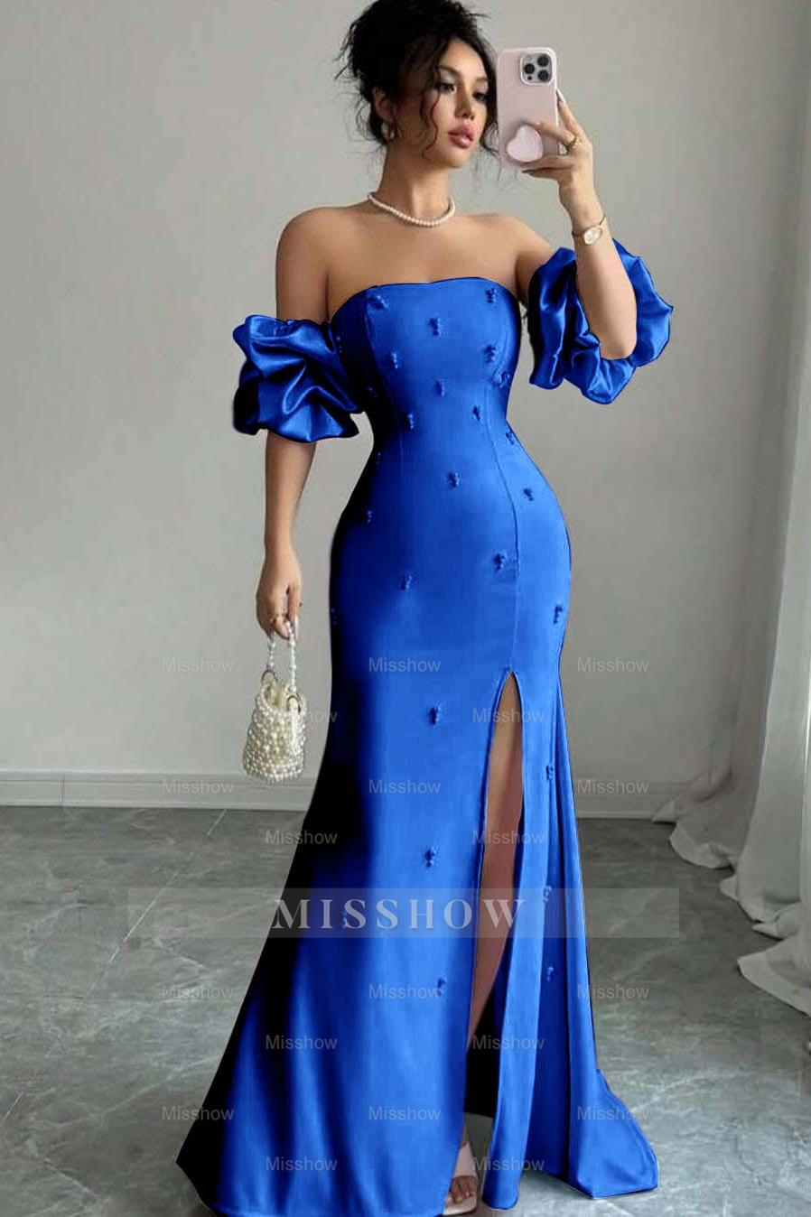 Strapless Bubble Sleeves Long Split Formal Dress With Beading