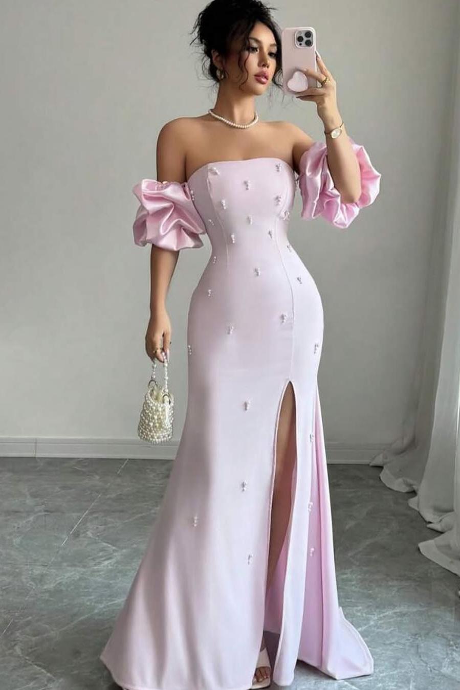 Strapless Bubble Sleeves Long Split Formal Dress With Beading