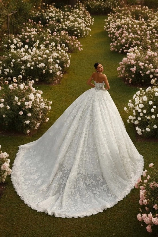 Strapless Crown-Point Neckline Ultra-Dense Crystal Pearl Illusion Corset All-Over 3D Floral Lace Embroidery Ball Gown Wedding Dress Cathedral Train