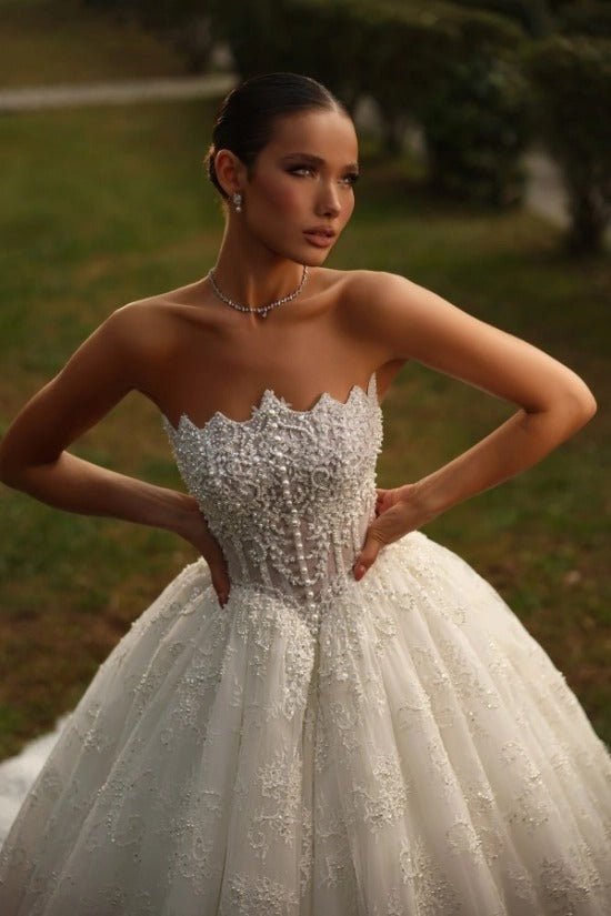 Strapless Crown-Point Neckline Ultra-Dense Crystal Pearl Illusion Corset All-Over 3D Floral Lace Embroidery Ball Gown Wedding Dress Cathedral Train