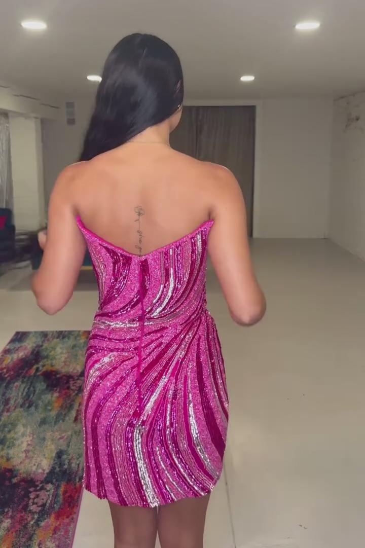 Strapless Deep V-Neck Sequin Swirl Ruched Bodycon Homecoming Dress Mini
