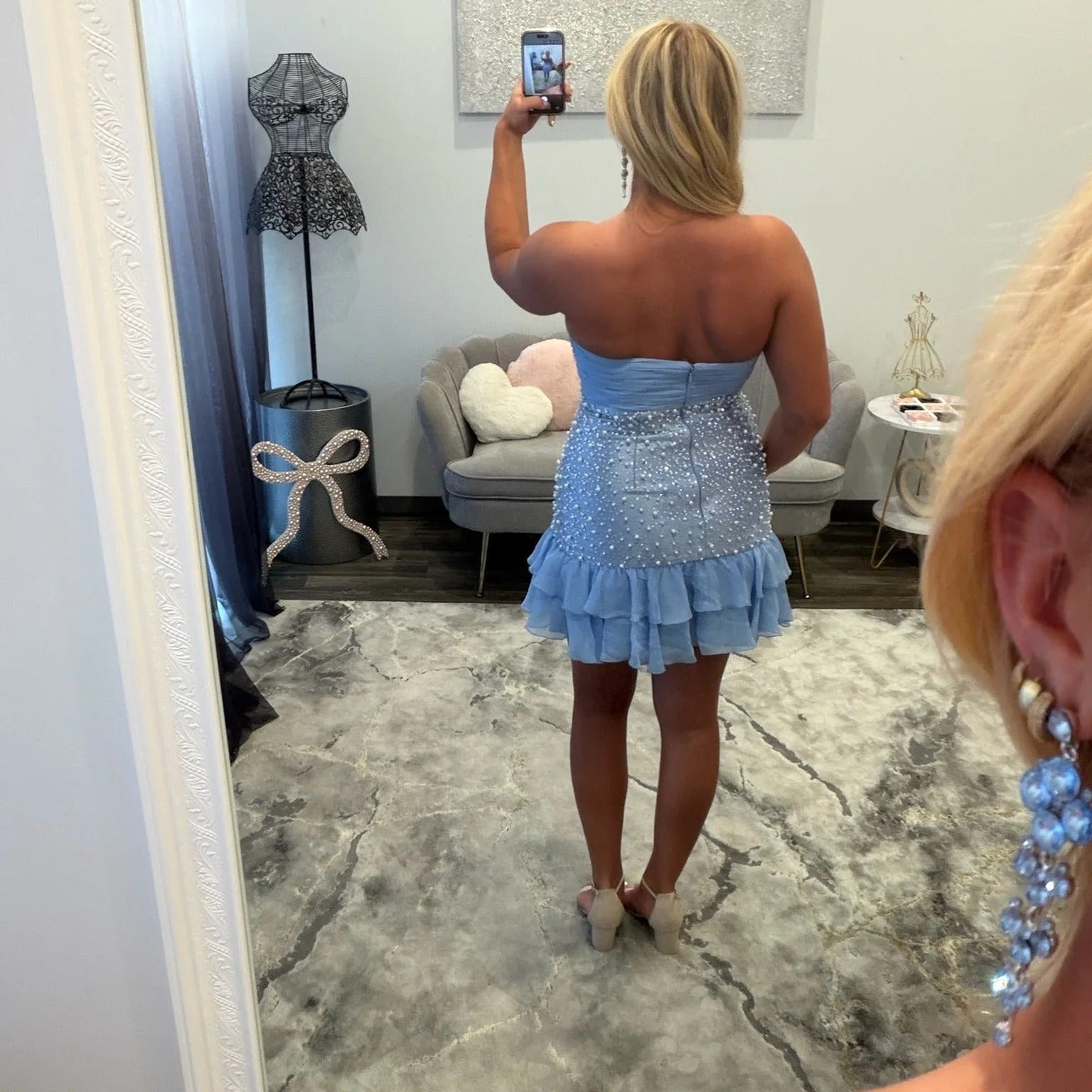 Strapless Dense Pearl Beading Satin Bow Waist Double-Tier Ruffle Hem Column Homecoming Dress Mini