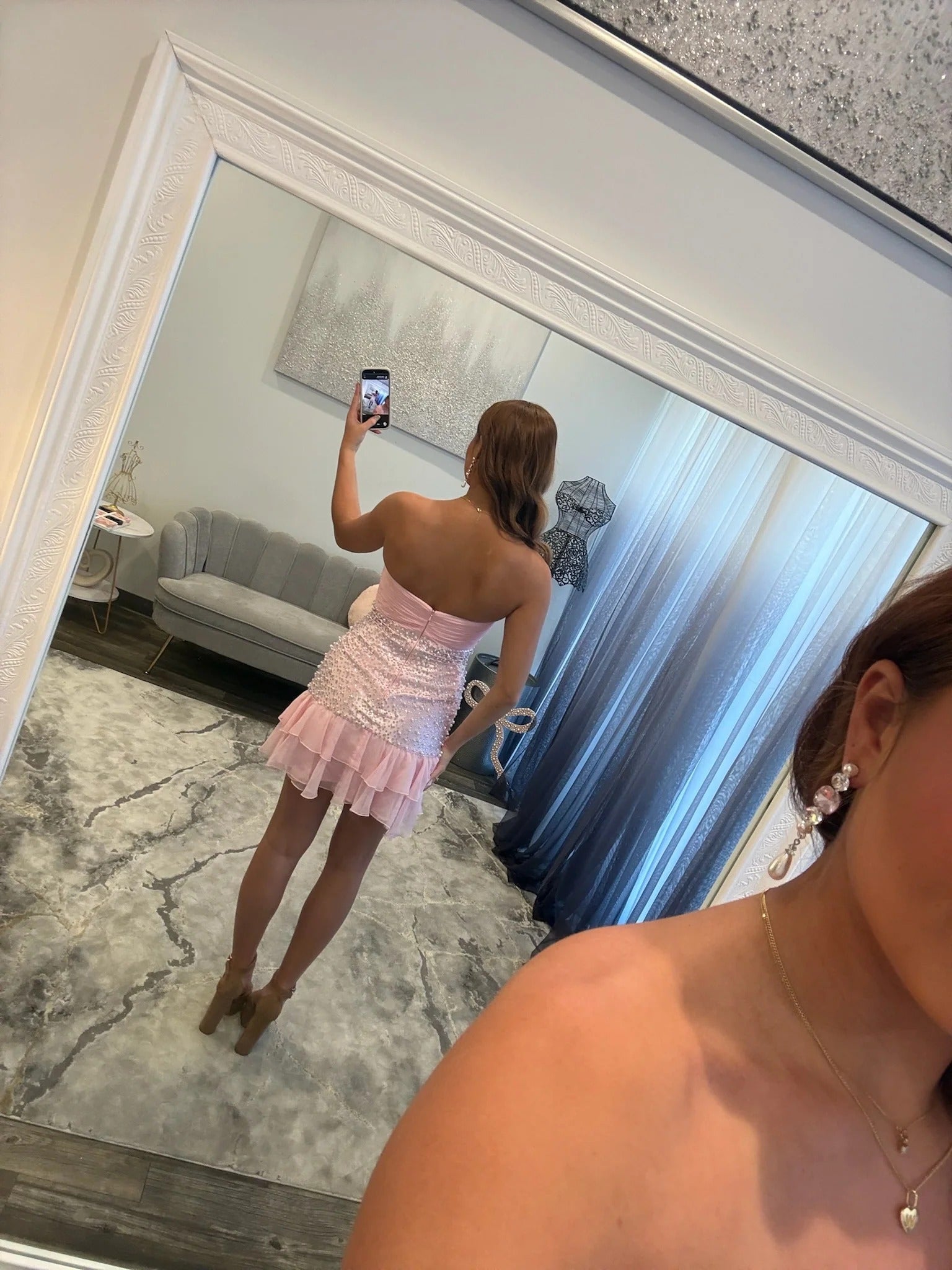 Strapless Dense Pearl Beading Satin Bow Waist Double-Tier Ruffle Hem Column Homecoming Dress Mini