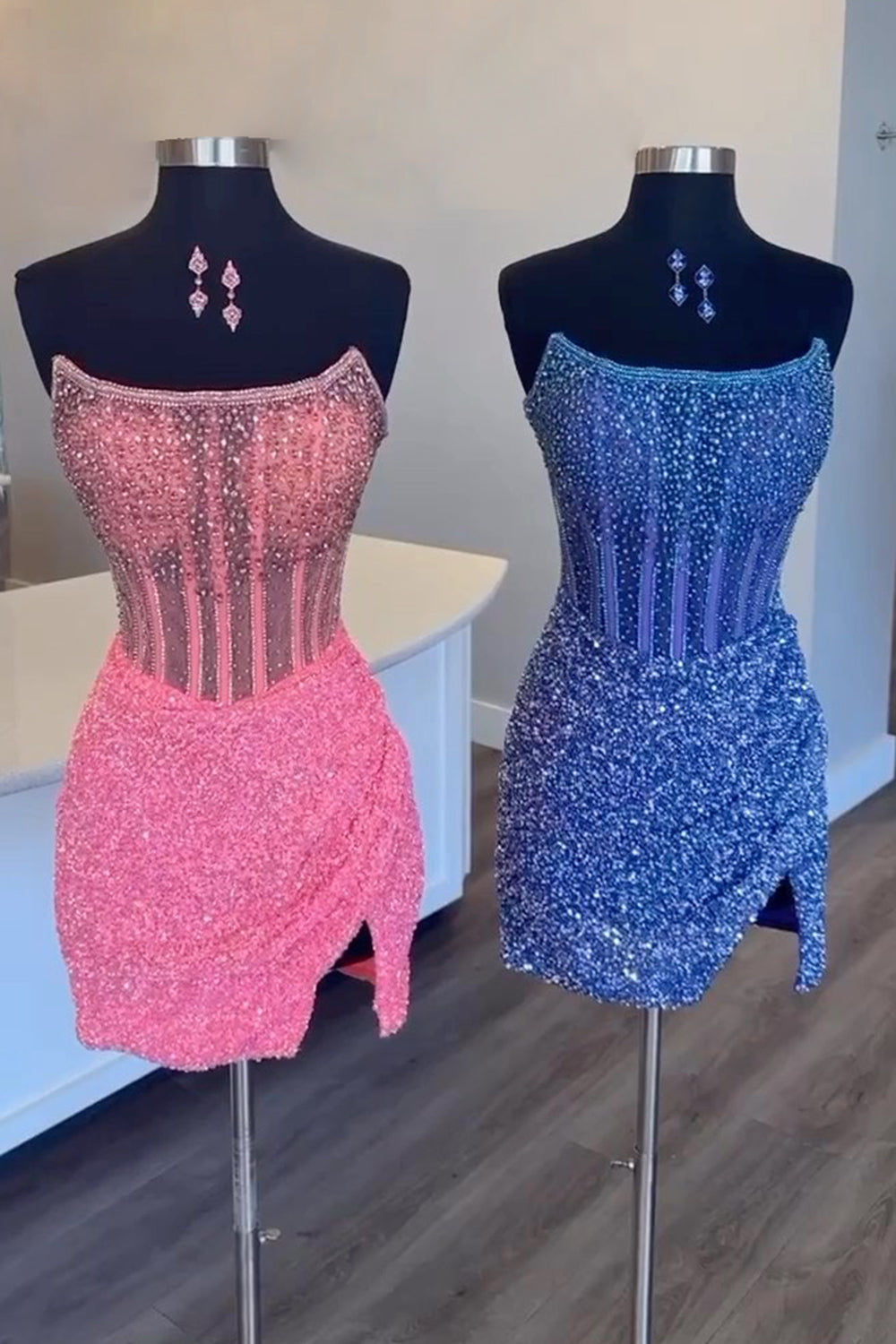 Strapless Dense Rhinestone Beading Illusion Boned Corset All-Over Sequin Side Slit Bodycon Homecoming Dress Mini