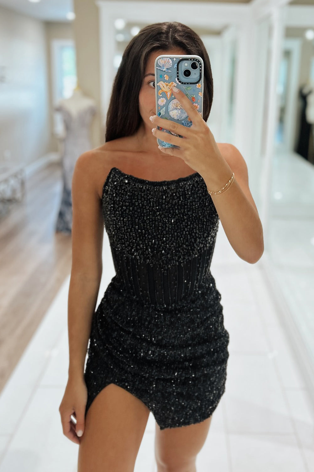 Strapless Dense Rhinestone Beading Illusion Boned Corset All-Over Sequin Side Slit Bodycon Homecoming Dress Mini