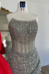 Strapless Dense Rhinestone Beading Illusion Boned Corset All-Over Sequin Side Slit Bodycon Homecoming Dress Mini