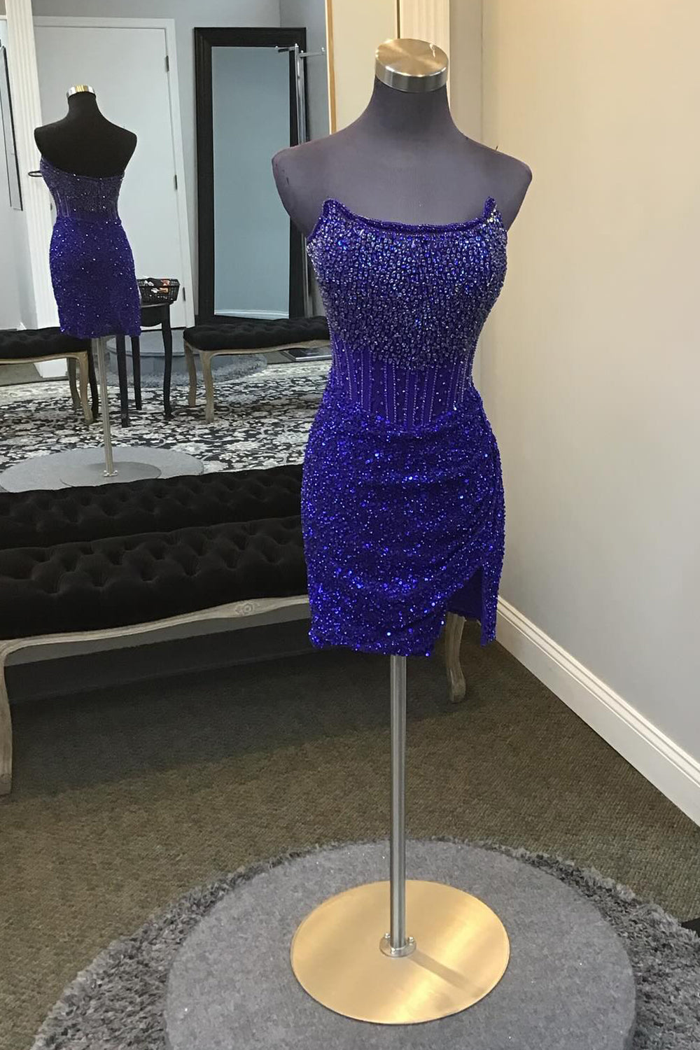 Strapless Dense Rhinestone Beading Illusion Boned Corset All-Over Sequin Side Slit Bodycon Homecoming Dress Mini