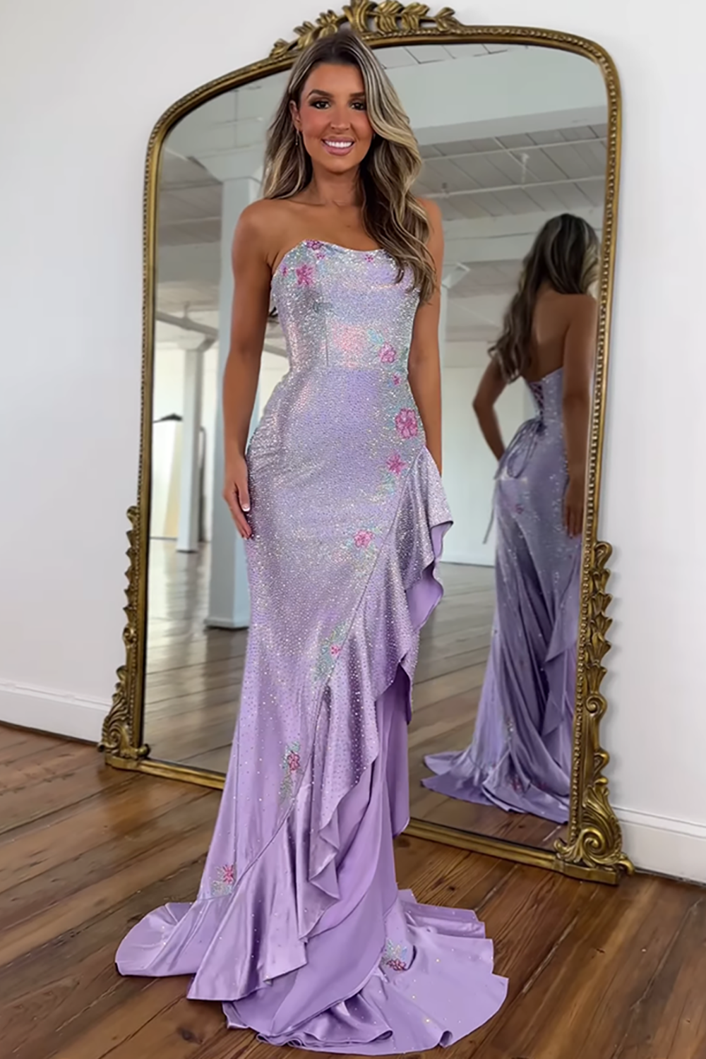 Strapless Floral Appliqué Side Ruffle Sequined Mermaid Prom Dress Lace-Up Back Front Slit Chapel Train