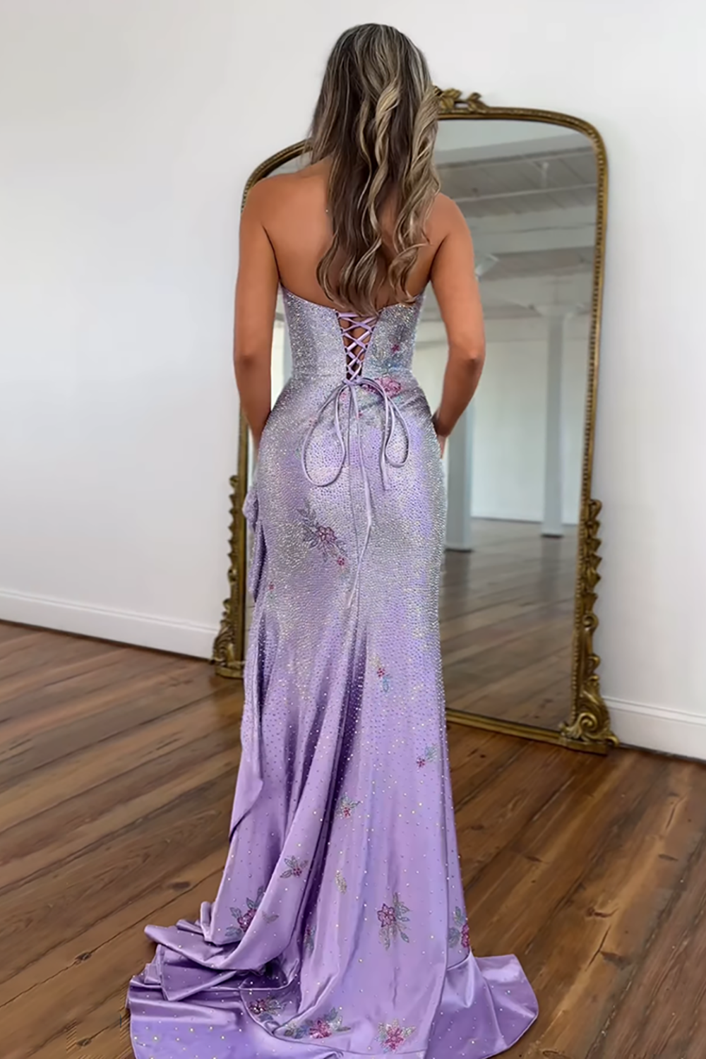 Strapless Floral Appliqué Side Ruffle Sequined Mermaid Prom Dress Lace-Up Back Front Slit Chapel Train
