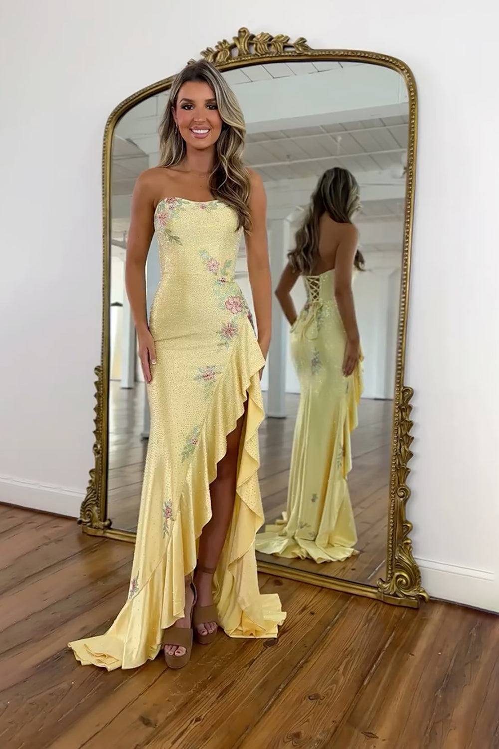 Strapless Floral Appliqué Side Ruffle Sequined Mermaid Prom Dress Lace-Up Back Front Slit Chapel Train