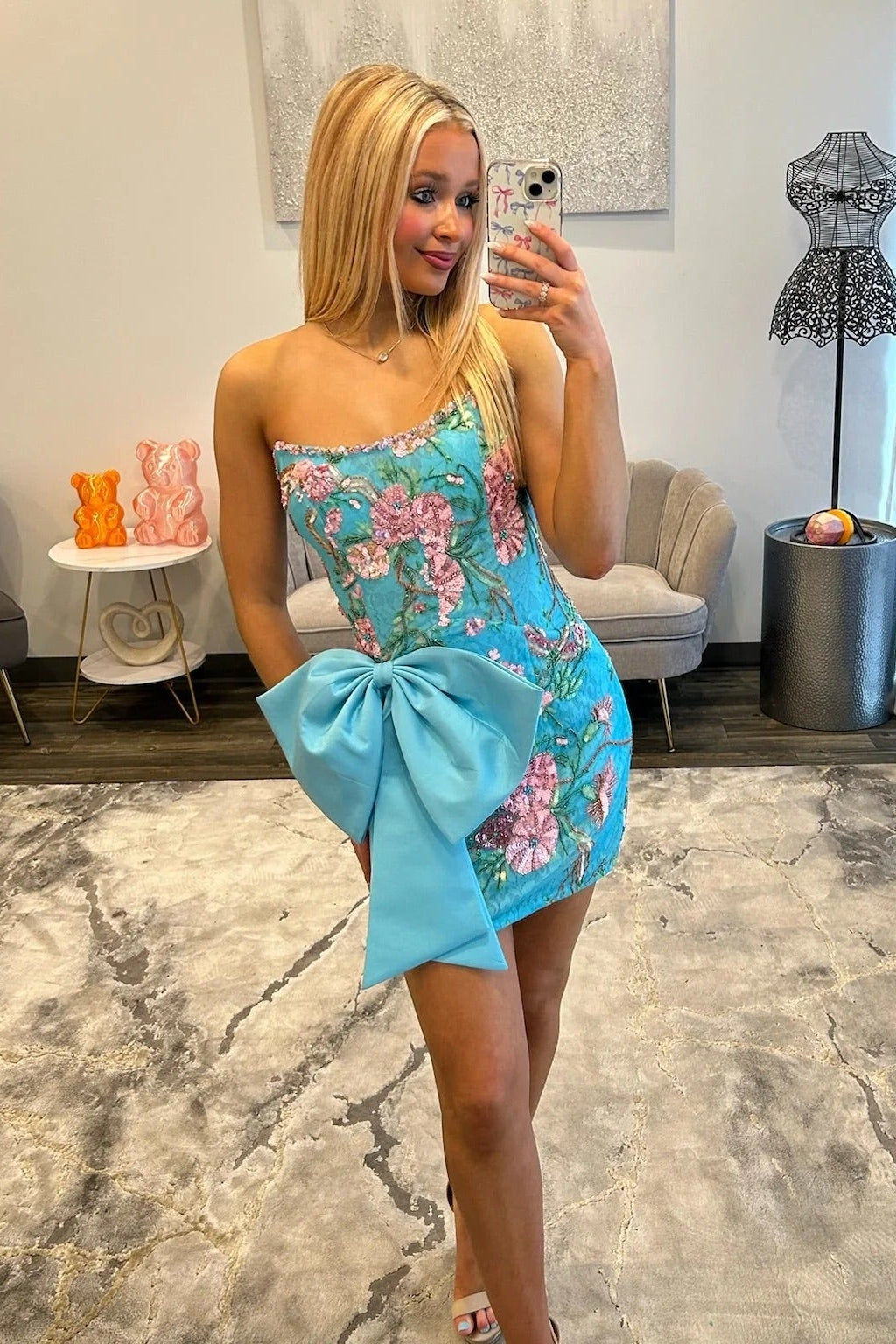 Strapless Floral Embroidered Sequin Oversized Bow Bodycon Homecoming Dress Open Back Mini