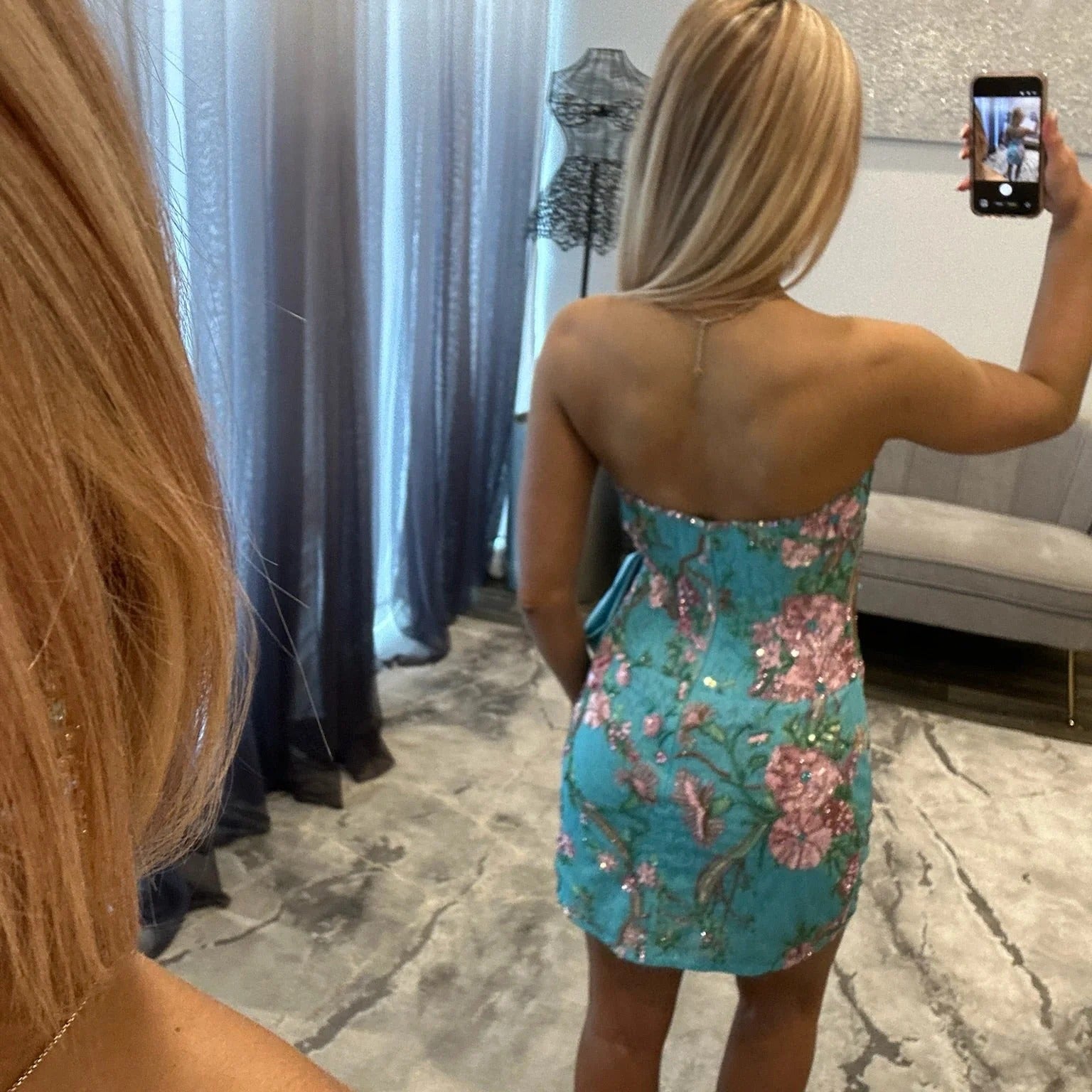 Strapless Floral Embroidered Sequin Oversized Bow Bodycon Homecoming Dress Open Back Mini