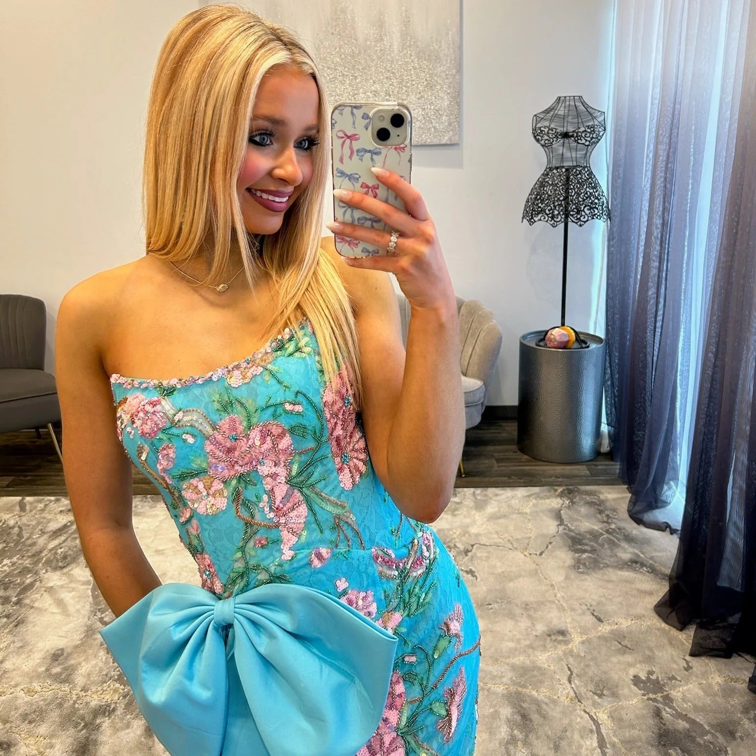 Strapless Floral Embroidered Sequin Oversized Bow Bodycon Homecoming Dress Open Back Mini