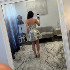 Strapless Floral Jacquard Boned Corset Oversized Bow Pleated Open Back A-Line Homecoming Dress Mini
