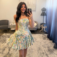Strapless Floral Jacquard Boned Corset Oversized Bow Pleated Open Back A-Line Homecoming Dress Mini