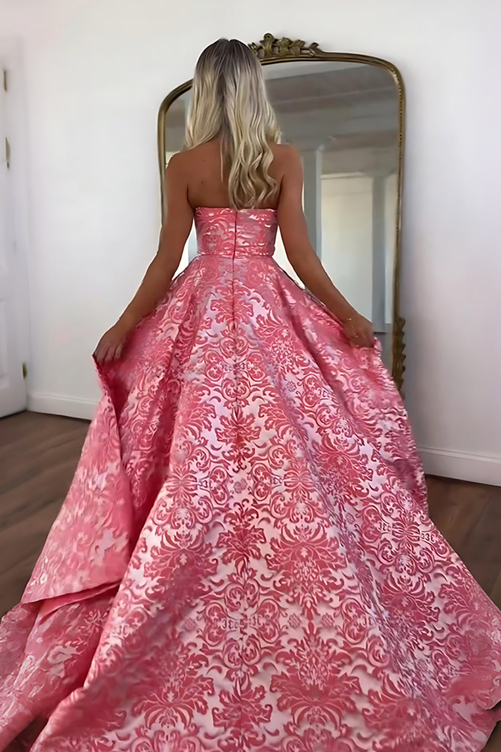 Strapless Floral Jacquard Satin A-Line Prom Dress Pockets Side Slit Sweep Train Floor Length