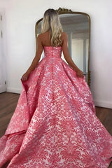 Strapless Floral Jacquard Satin A-Line Prom Dress Pockets Side Slit Sweep Train Floor Length