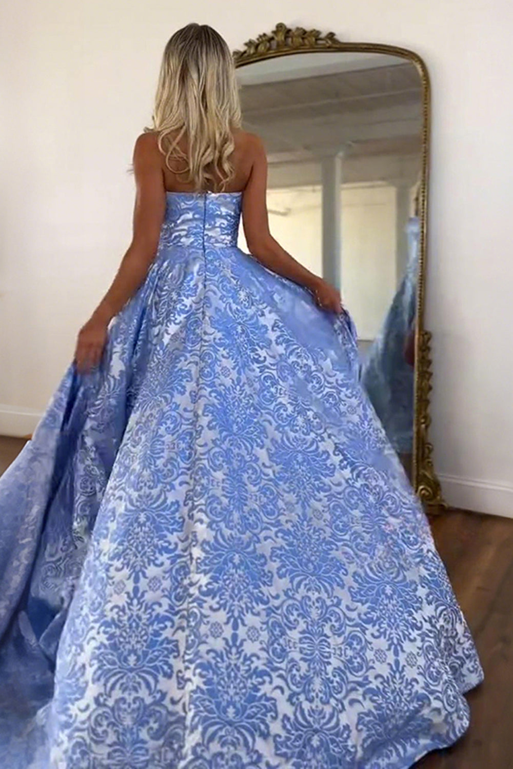 Strapless Floral Jacquard Satin A-Line Prom Dress Pockets Side Slit Sweep Train Floor Length