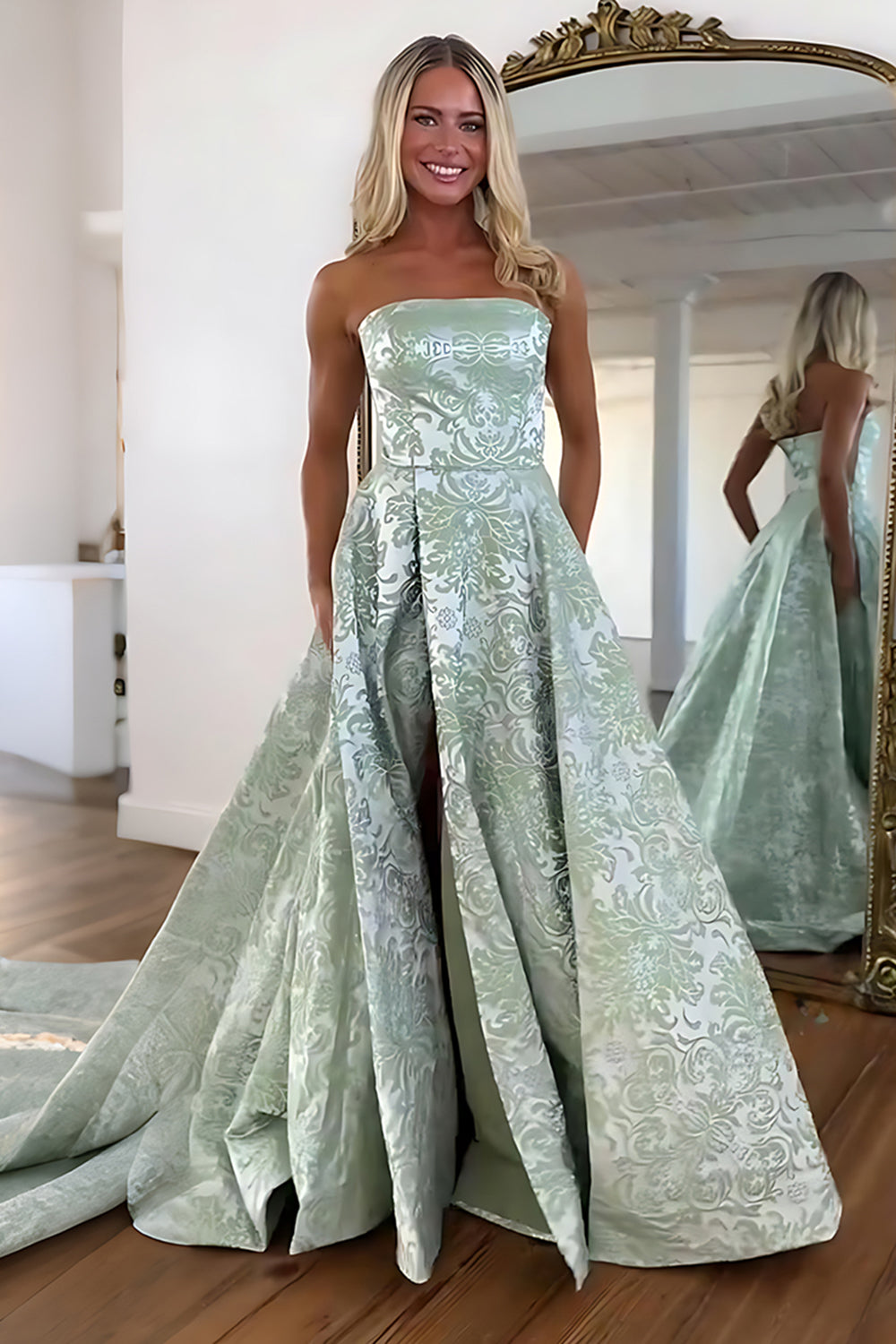 Strapless Floral Jacquard Satin A-Line Prom Dress Pockets Side Slit Sweep Train Floor Length