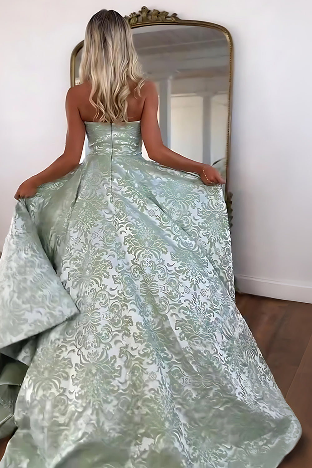 Strapless Floral Jacquard Satin A-Line Prom Dress Pockets Side Slit Sweep Train Floor Length
