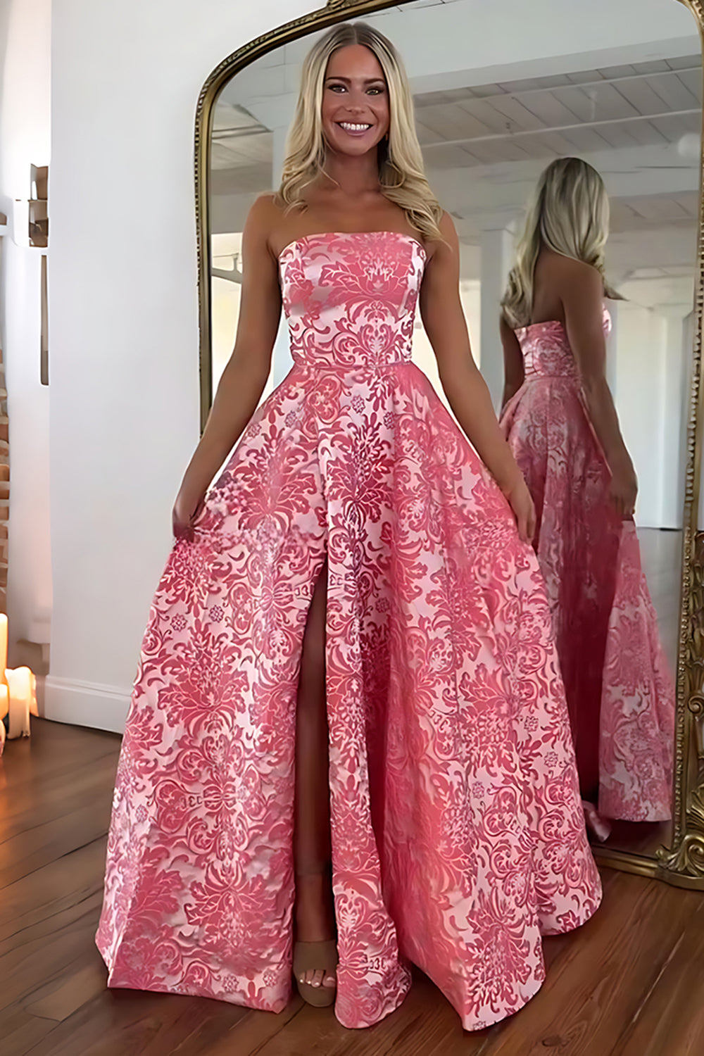 Strapless Floral Jacquard Satin A-Line Prom Dress Pockets Side Slit Sweep Train Floor Length