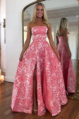 Strapless Floral Jacquard Satin A-Line Prom Dress Pockets Side Slit Sweep Train Floor Length