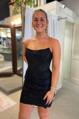 Strapless Glitter Lace Rhinestone Beaded Sheer Corset Boning Ruched Scallop Hem Bodycon Homecoming Dress Mini