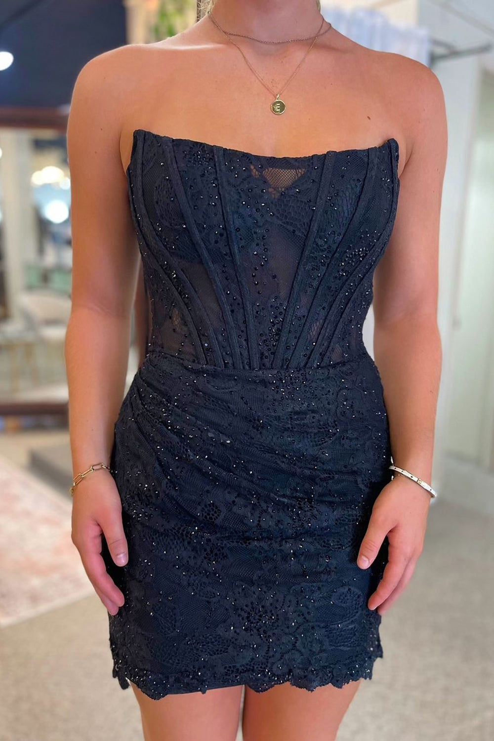 Strapless Glitter Lace Rhinestone Beaded Sheer Corset Boning Ruched Scallop Hem Bodycon Homecoming Dress Mini