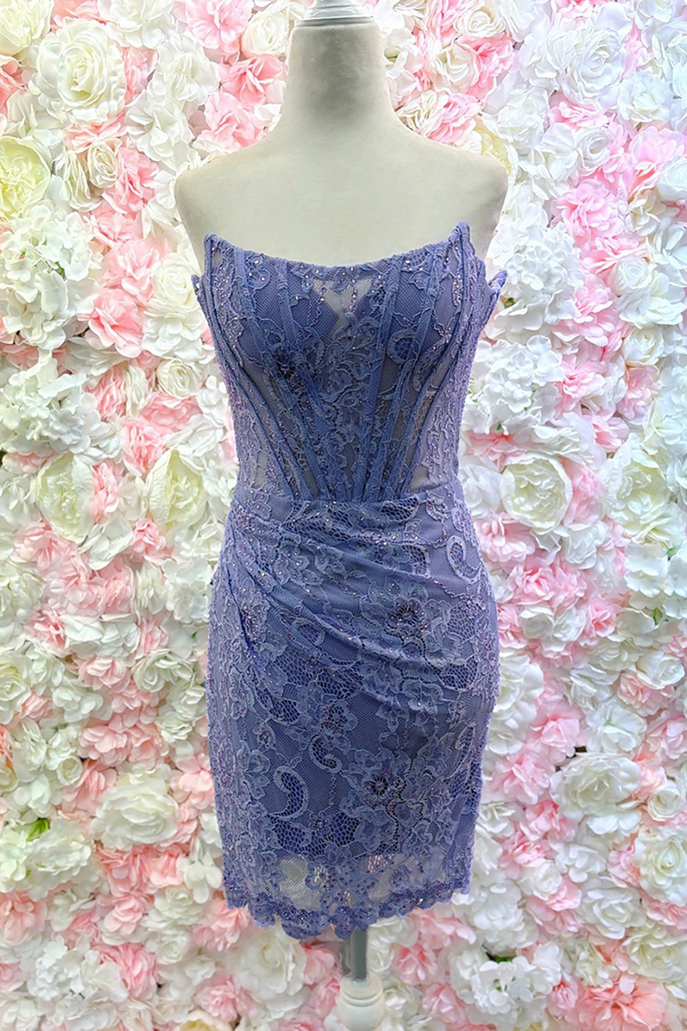 Strapless Glitter Lace Rhinestone Beaded Sheer Corset Boning Ruched Scallop Hem Bodycon Homecoming Dress Mini