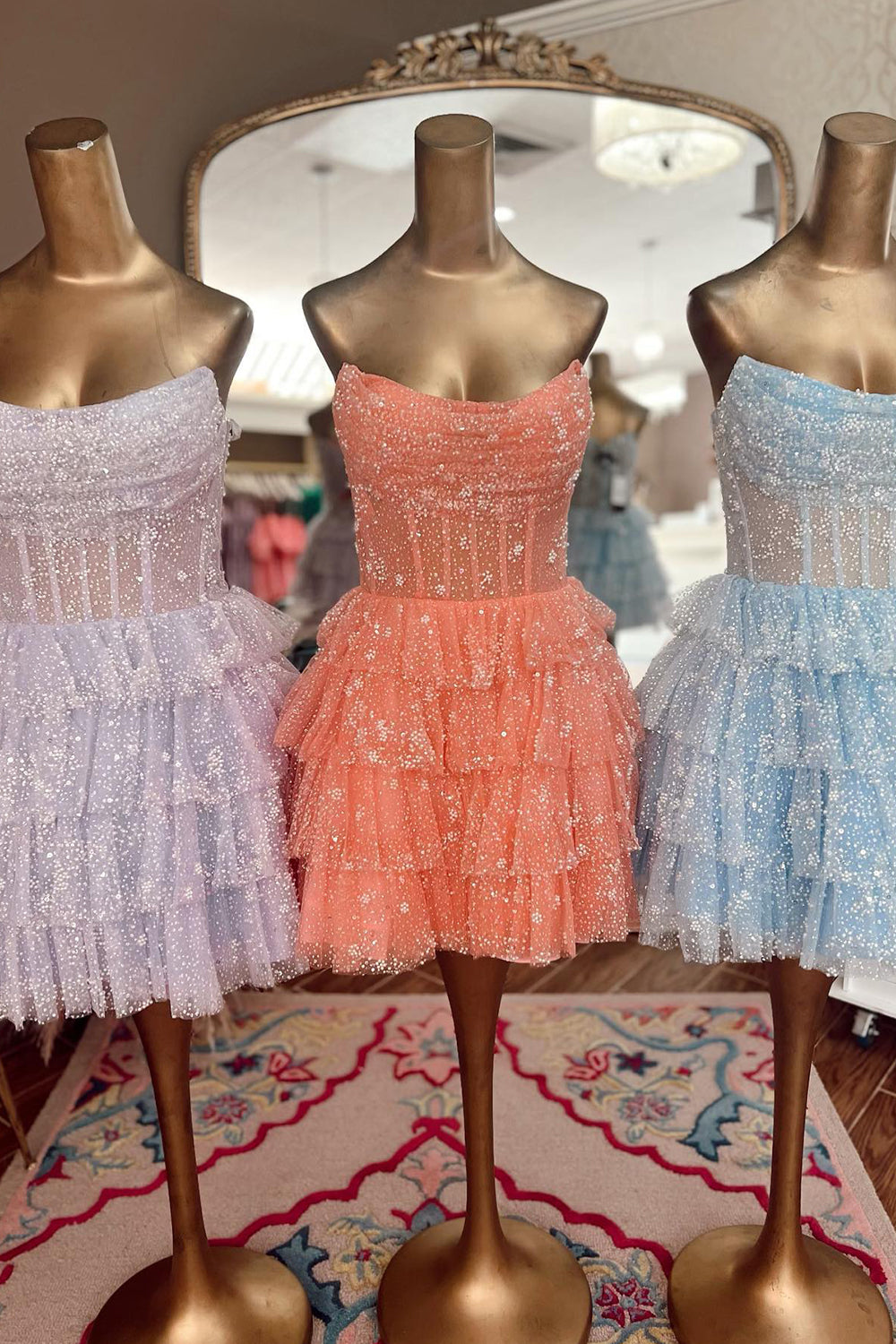 Strapless Glitter Tulle Sheer Corset Boning 4-Tier Ruffle A-Line Homecoming Dress Mini