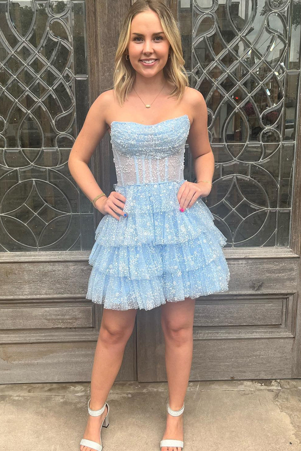 Strapless Glitter Tulle Sheer Corset Boning 4-Tier Ruffle A-Line Homecoming Dress Mini