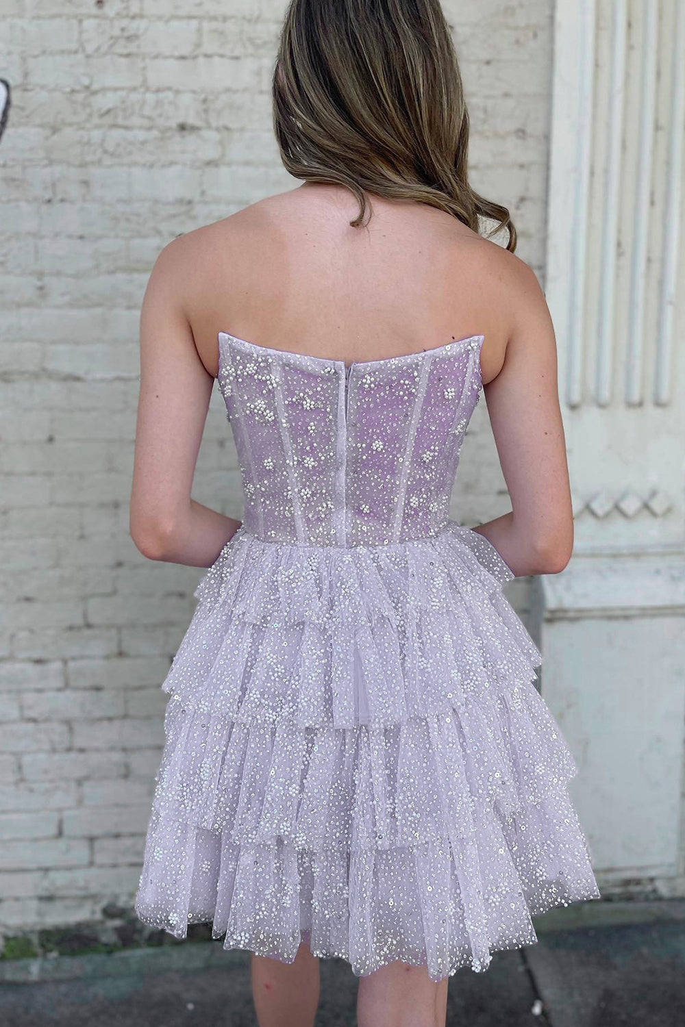 Strapless Glitter Tulle Sheer Corset Boning 4-Tier Ruffle A-Line Homecoming Dress Mini