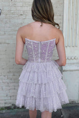Strapless Glitter Tulle Sheer Corset Boning 4-Tier Ruffle A-Line Homecoming Dress Mini