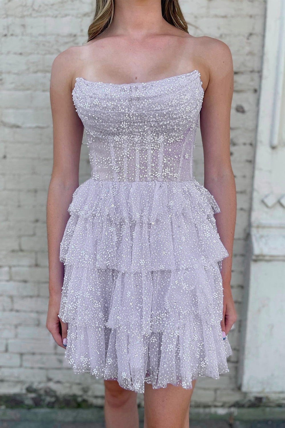 Strapless Glitter Tulle Sheer Corset Boning 4-Tier Ruffle A-Line Homecoming Dress Mini