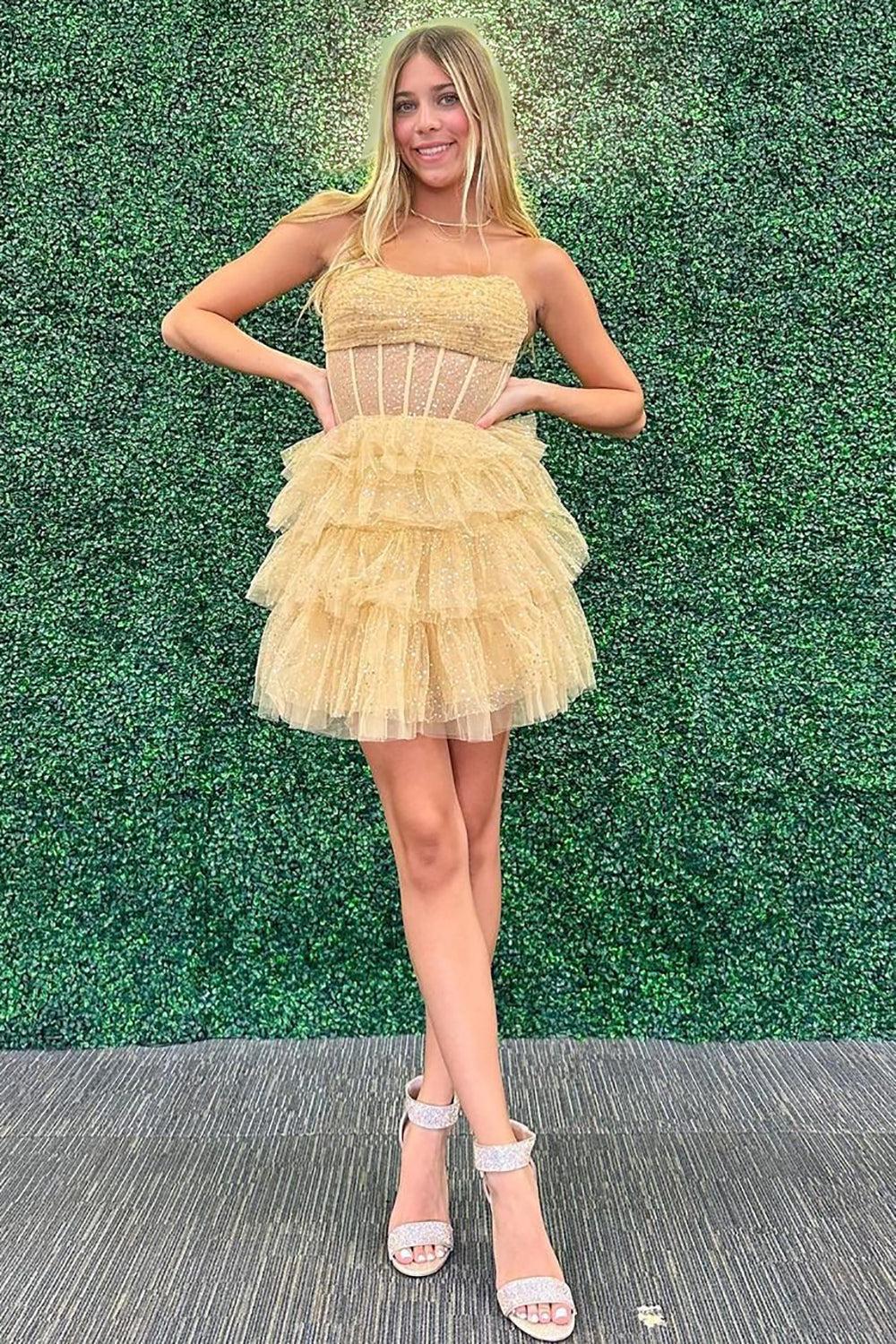 Strapless Glitter Tulle Sheer Corset Boning 4-Tier Ruffle A-Line Homecoming Dress Mini