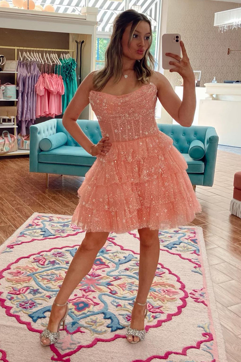 Strapless Glitter Tulle Sheer Corset Boning 4-Tier Ruffle A-Line Homecoming Dress Mini