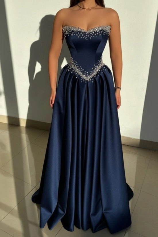 Strapless Illusion Sweetheart Crystal Beaded Border V-Shape Crystal Waist Belt Satin Boned Corset A-Line Ball Gown Evening Dress Sweep Train
