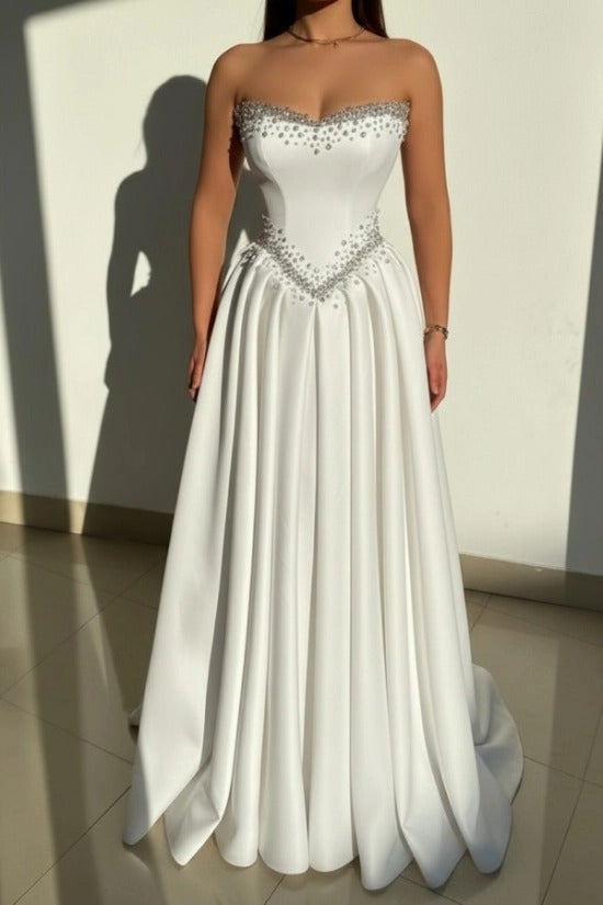 Strapless Illusion Sweetheart Crystal Beaded Border V-Shape Crystal Waist Belt Satin Boned Corset A-Line Ball Gown Evening Dress Sweep Train