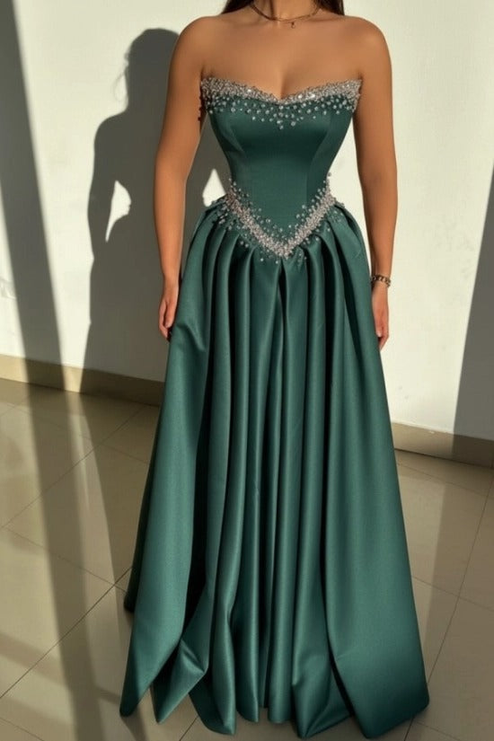 Strapless Illusion Sweetheart Crystal Beaded Border V-Shape Crystal Waist Belt Satin Boned Corset A-Line Ball Gown Evening Dress Sweep Train
