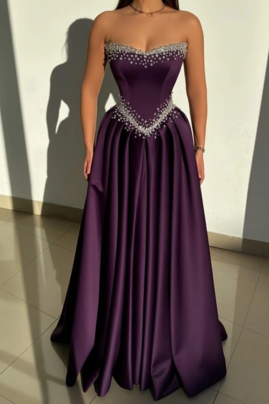Strapless Illusion Sweetheart Crystal Beaded Border V-Shape Crystal Waist Belt Satin Boned Corset A-Line Ball Gown Evening Dress Sweep Train