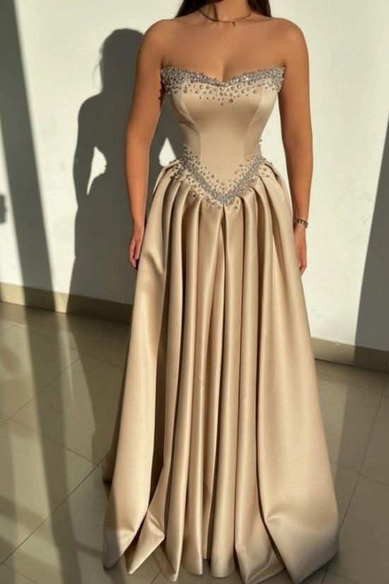 Strapless Illusion Sweetheart Crystal Beaded Border V-Shape Crystal Waist Belt Satin Boned Corset A-Line Ball Gown Evening Dress Sweep Train