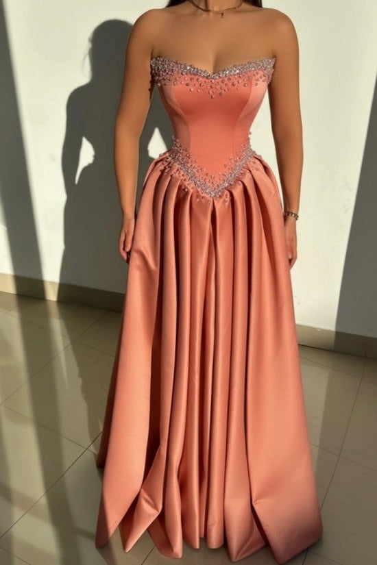 Strapless Illusion Sweetheart Crystal Beaded Border V-Shape Crystal Waist Belt Satin Boned Corset A-Line Ball Gown Evening Dress Sweep Train