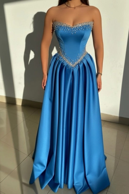 Strapless Illusion Sweetheart Crystal Beaded Border V-Shape Crystal Waist Belt Satin Boned Corset A-Line Ball Gown Evening Dress Sweep Train