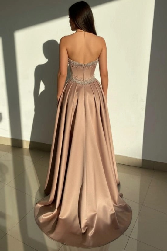 Strapless Illusion Sweetheart Crystal Beaded Border V-Shape Crystal Waist Belt Satin Boned Corset A-Line Ball Gown Evening Dress Sweep Train